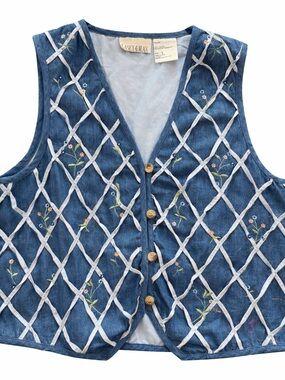 Vintage Casey & Max Blue Embroidered Vest | Floral Cottagecore Boho L